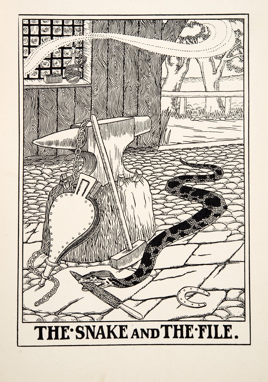 Wąż i akta, ze stu bajek Ezopa, wyd. 1903 (rycina) autorstwa Percy J. Billingshurst