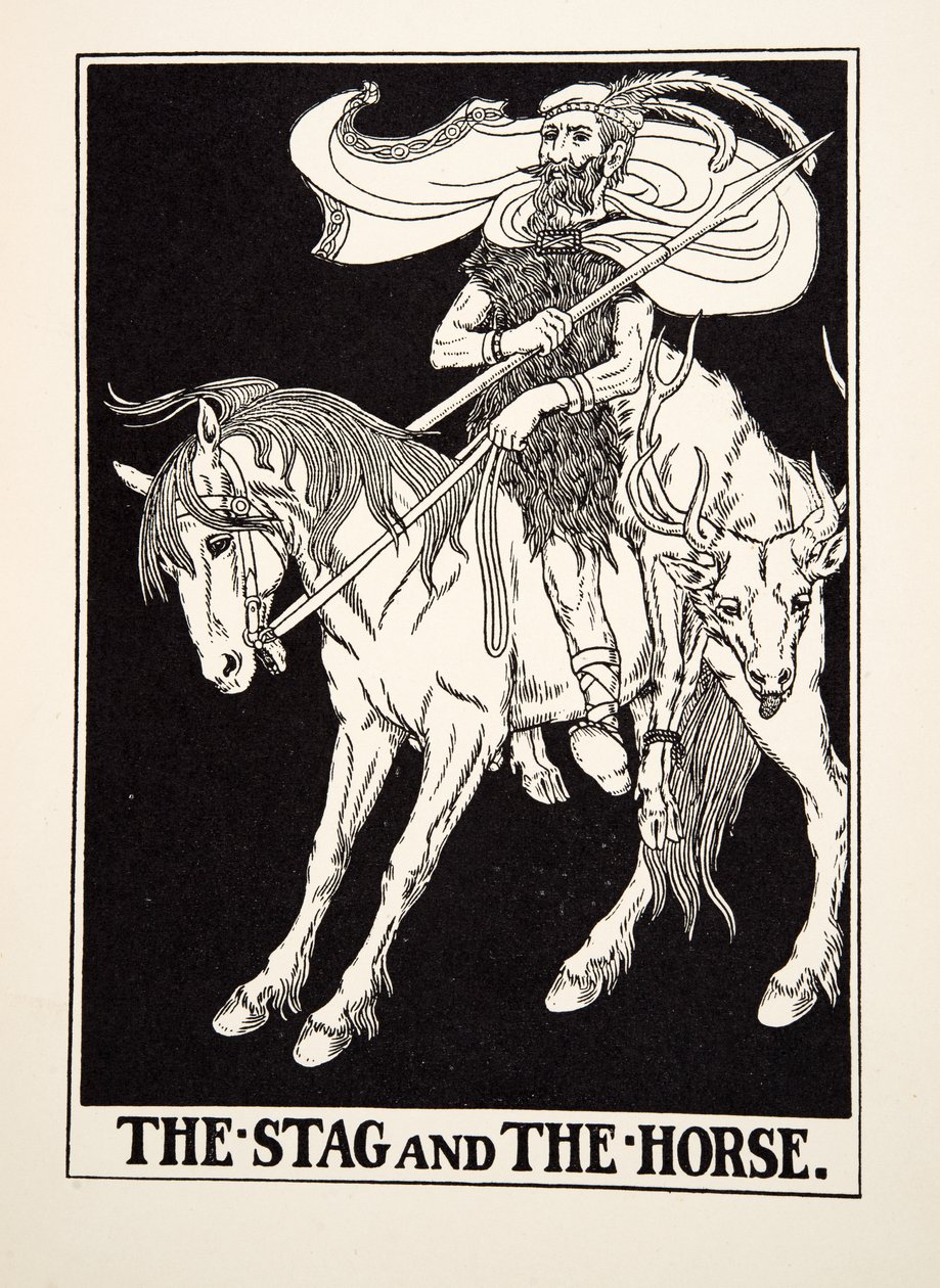 Jeleń i koń, z Stu bajek Ezopa, wyd. 1903 (rycina) autorstwa Percy J. Billingshurst
