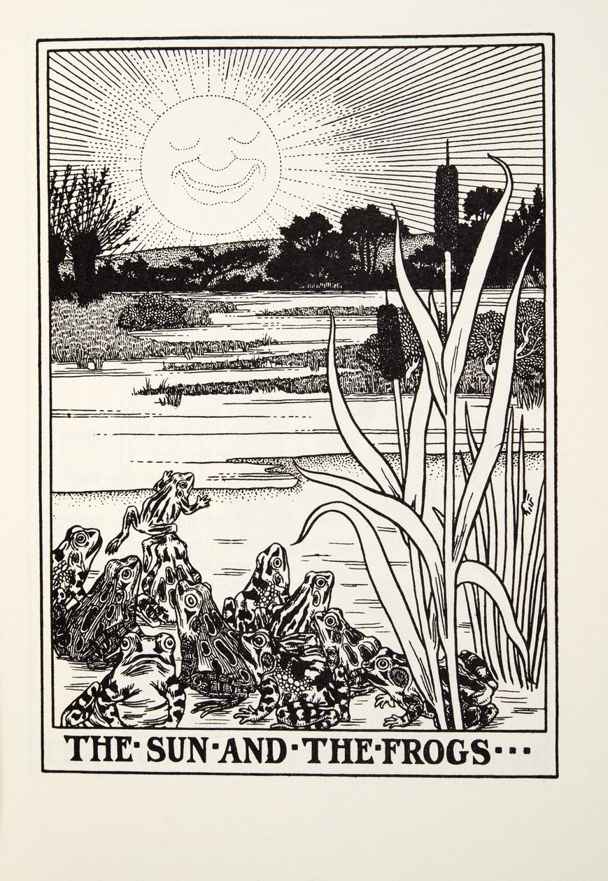 Słońce i żaby, z Fontaine Fables, wyd. 1905 autorstwa Percy J. Billingshurst