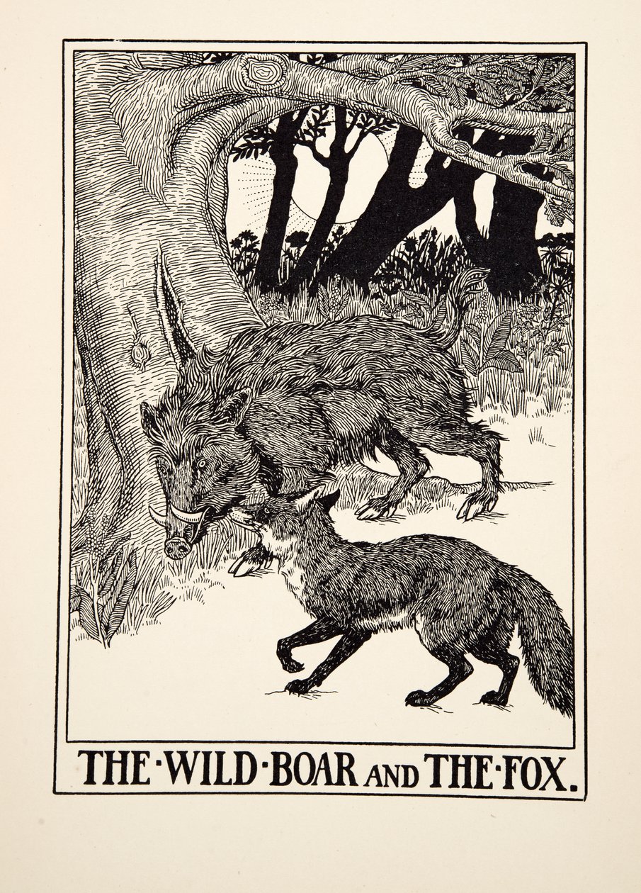 Dzik i lis, z Stu bajek Ezopa, wyd. 1903 (rycina) autorstwa Percy J. Billingshurst