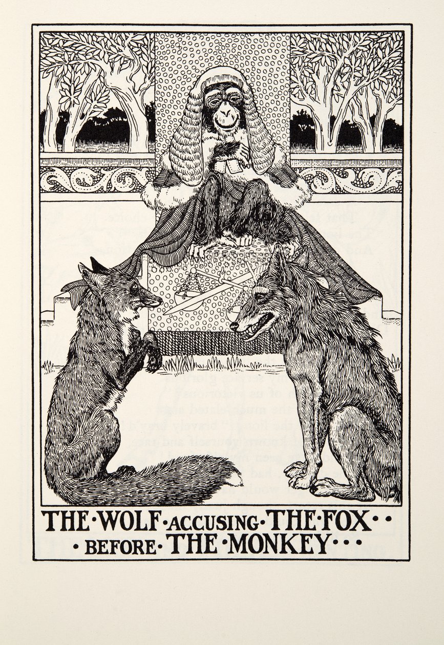 Wilk oskarża lisa przed małpą, z Fontaine Fables, wyd. 1905 autorstwa Percy J. Billingshurst