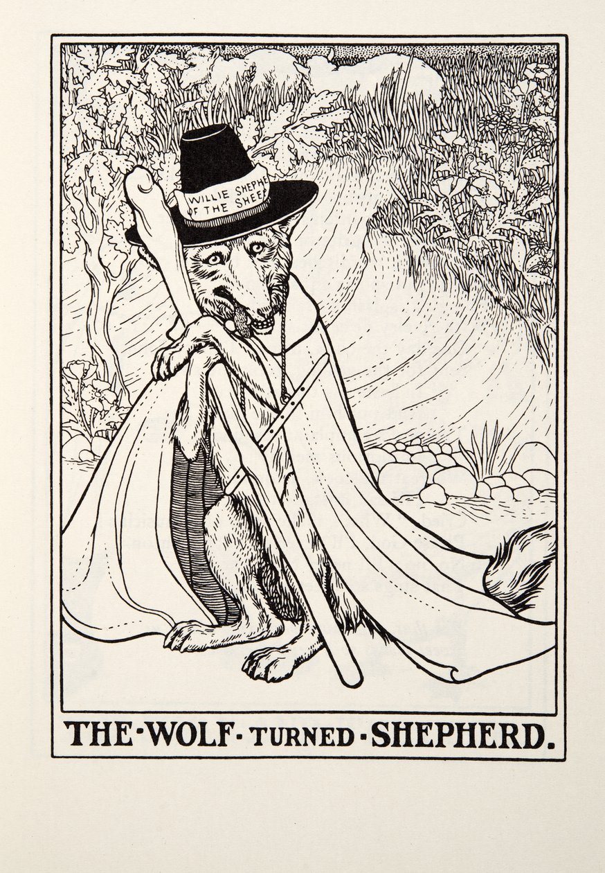 Wilk, który stał się pasterzem, z Fontaine Fables, wyd. 1905 autorstwa Percy J. Billingshurst