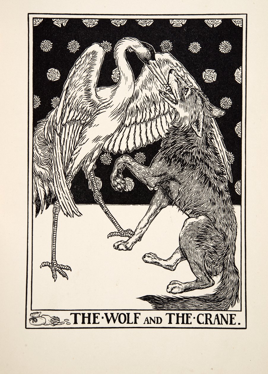 Wilk i żuraw, z Stu bajek Ezopa, wyd. 1903 autorstwa Percy J. Billingshurst