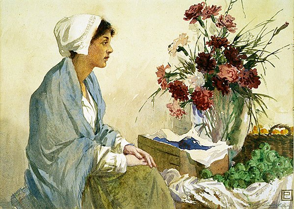 Sprzedawca kwiatów (akwarela na papierze) autorstwa Percy Lancaster
