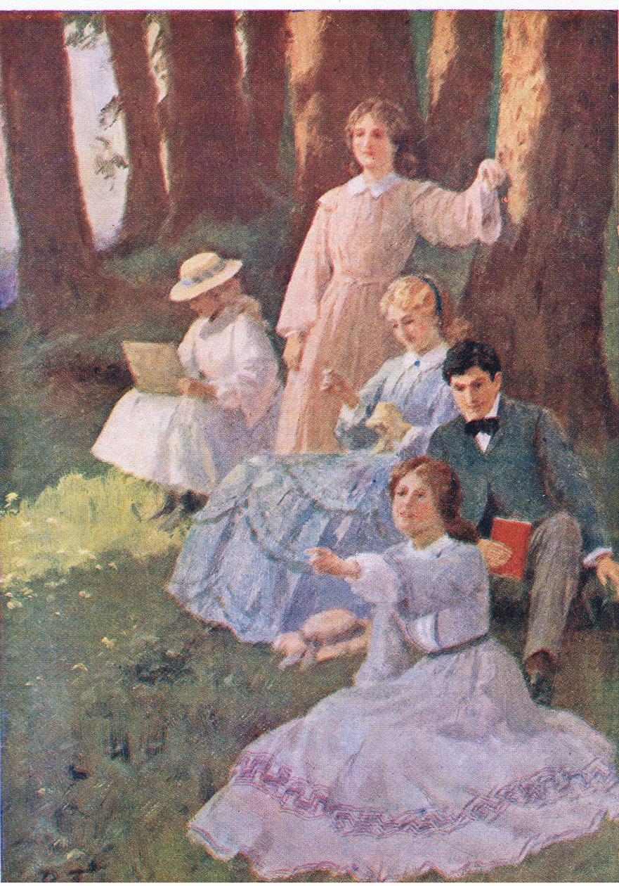 Jo wskazała, a Laurie przygotowała się do badania, z Little Women opublikowanego przez Associated Newspapers Limited, c.1940 (kolor lito) autorstwa Percy Tarrant