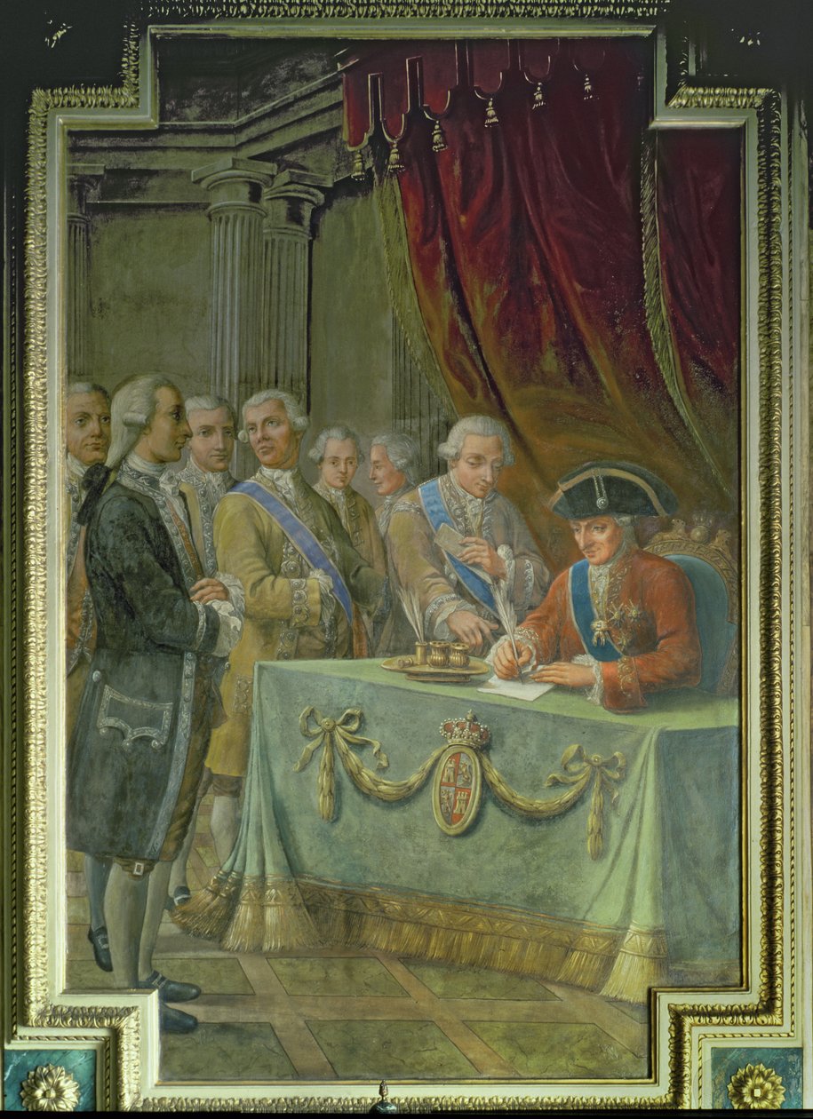 Karol III (1716-88) podpisuje dekret zezwalający na handel z Azją i Filipinami autorstwa Pere Pau Muntanya