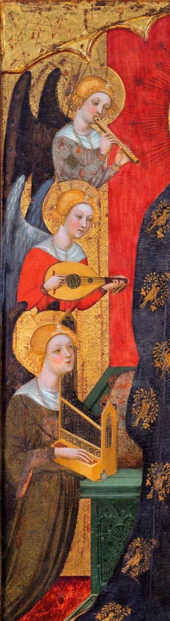 Madonna otoczona przez anioły muzyczne - Szczegół aniołów - Madonna z aniołami grającymi muzykę (Detal) - Obraz Pere Serra (aktywny około 1357-1406), ok. 1380 - Tempera na panelu - Museu Nacional d