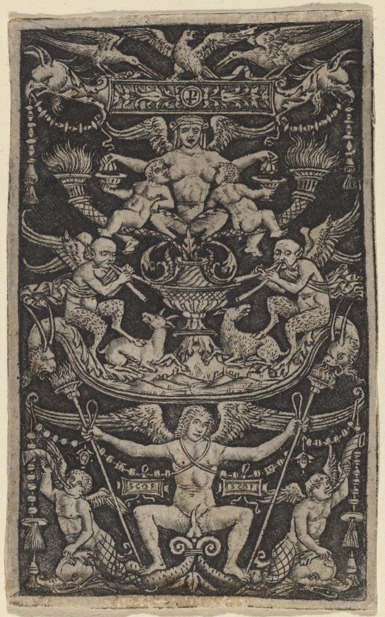 Panel ozdoby z satyrką karmiącą dwoje dzieci autorstwa Peregrino da Cesena