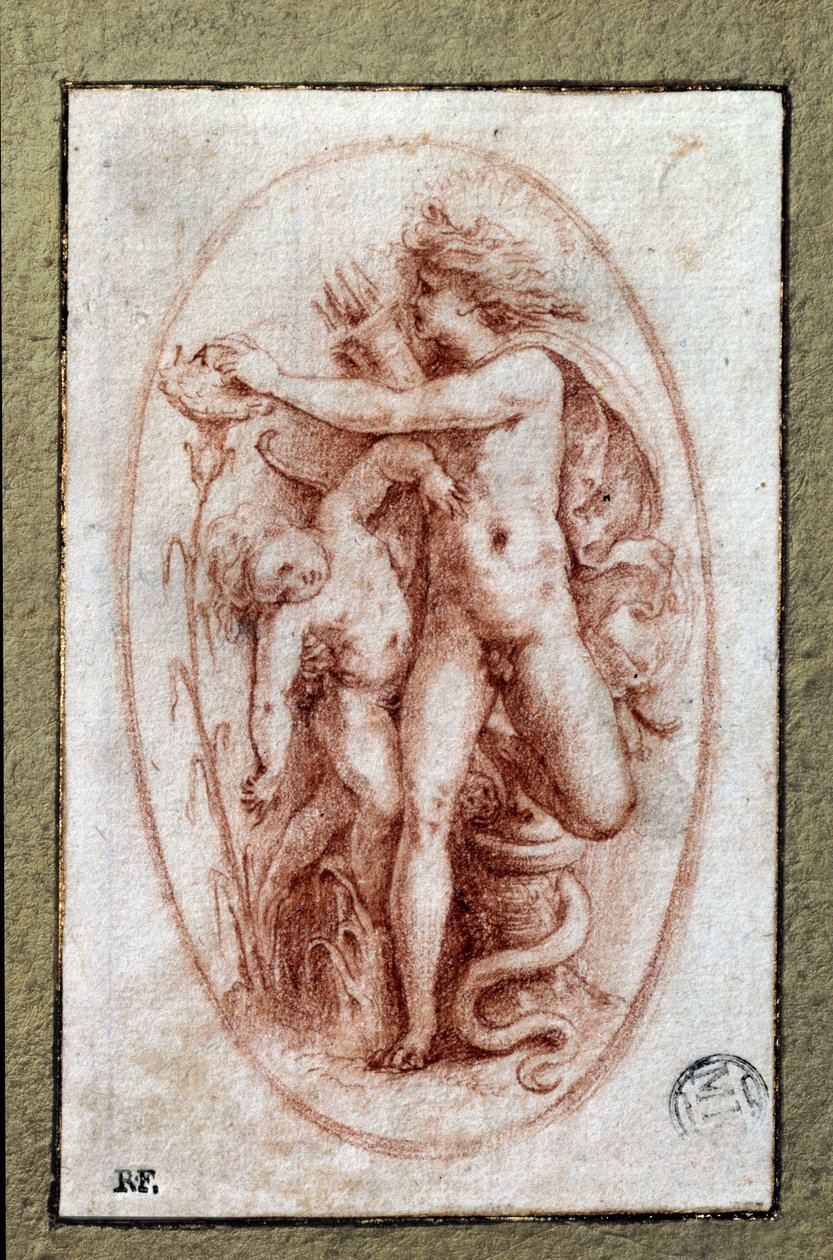 Apollo i Hiacynt. Rysowanie a la sanguine autorstwa Pietro Buonaccorsiego (1500-1546 / 47) znanego również jako Pierino del Vaga autorstwa Perino del Vaga