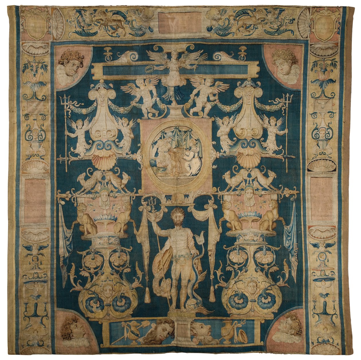 Arras alegoryczny przedstawiający Neptuna z cyklu Doria Grotesques, z centralnym figuralnym rondem nad Posejdonem, Bruksela, ok.1545-50 autorstwa Perino del Vaga