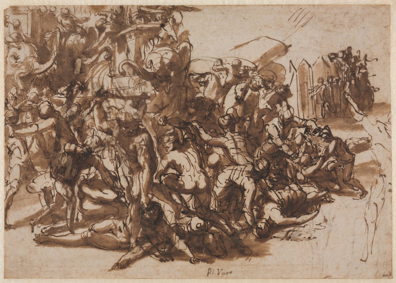 Poro napadnięci przez armię macedońską recto, Szkice zwierząt verso, ok. 1930. 154547. autorstwa Perino del Vaga
