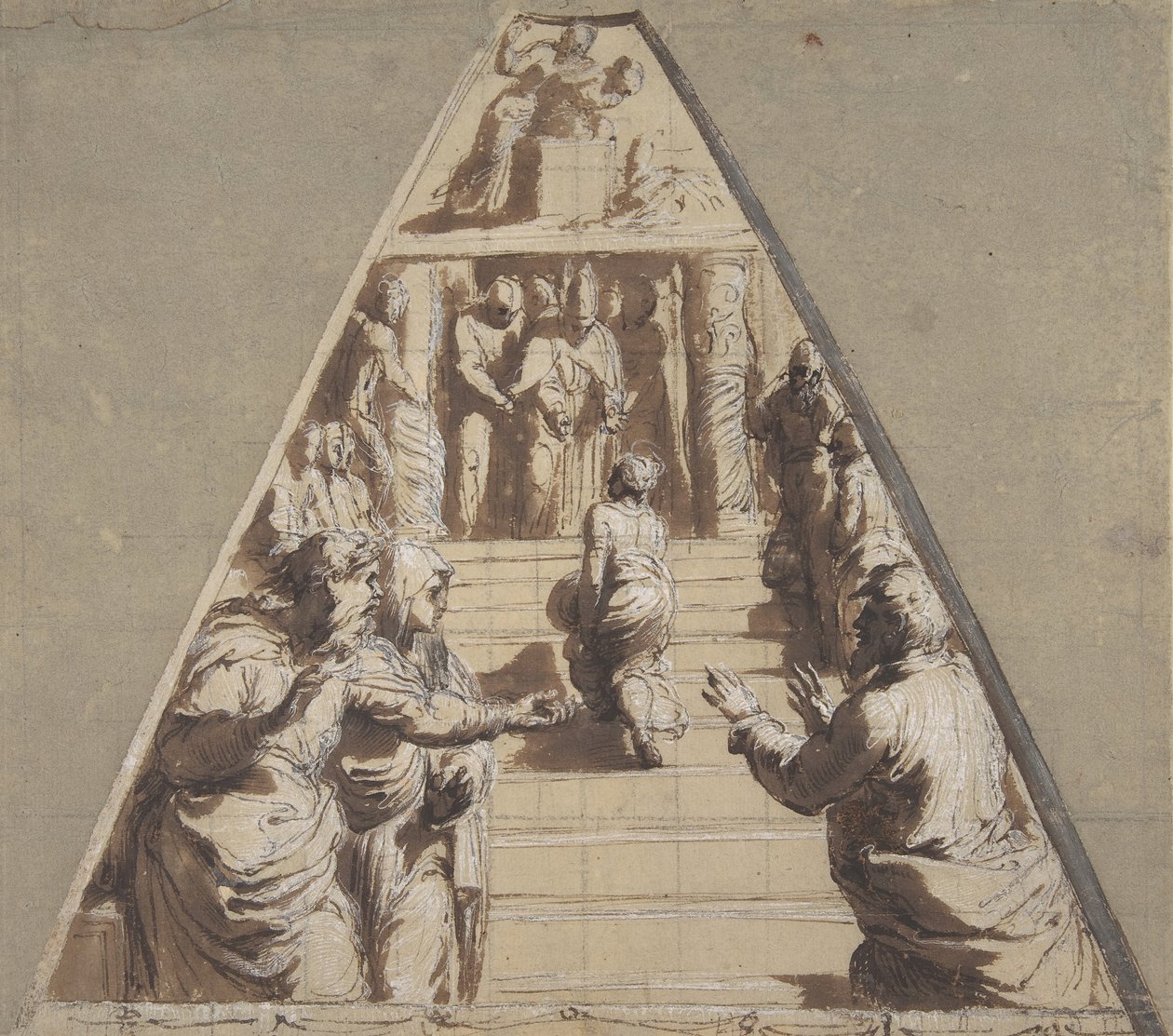 Prezentacja Dziewicy w świątyni poniżej, Abraham mający złożyć w ofierze Izaaka powyżej, 1520. autorstwa Perino del Vaga