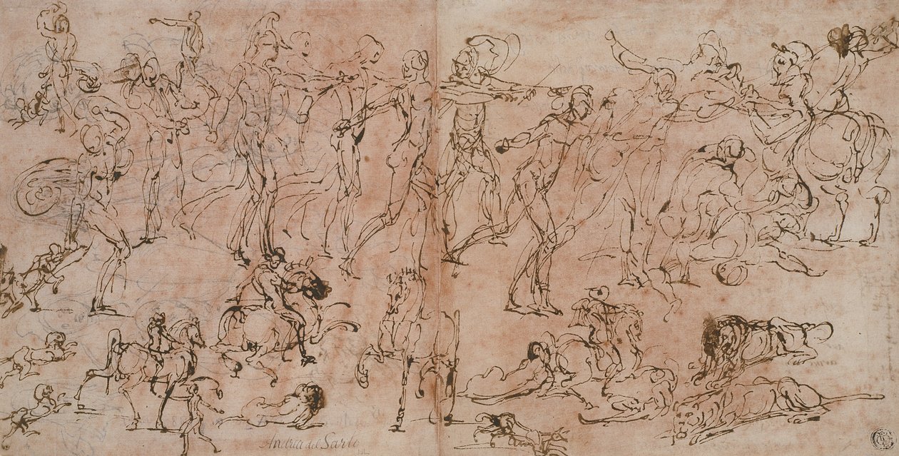 Studia wojowników, jeźdźców i lwów, 1528-33 autorstwa Perino del Vaga