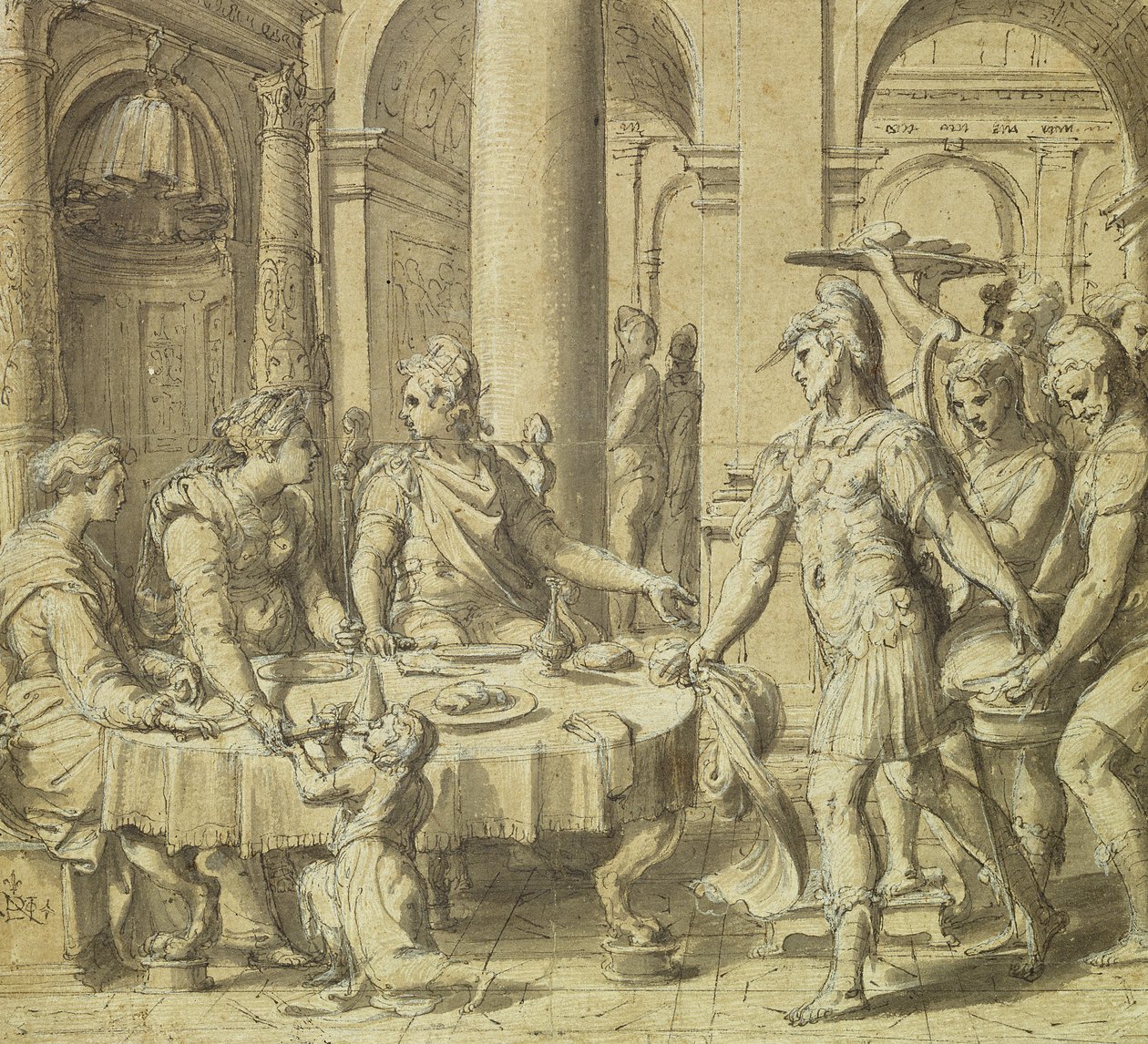 Uczta Dydona i Eneasz, wzór na gobelin z serii Historia Eneasza, ok. 1532 (pióro i atrament i pranie na papierze) autorstwa Perino del Vaga