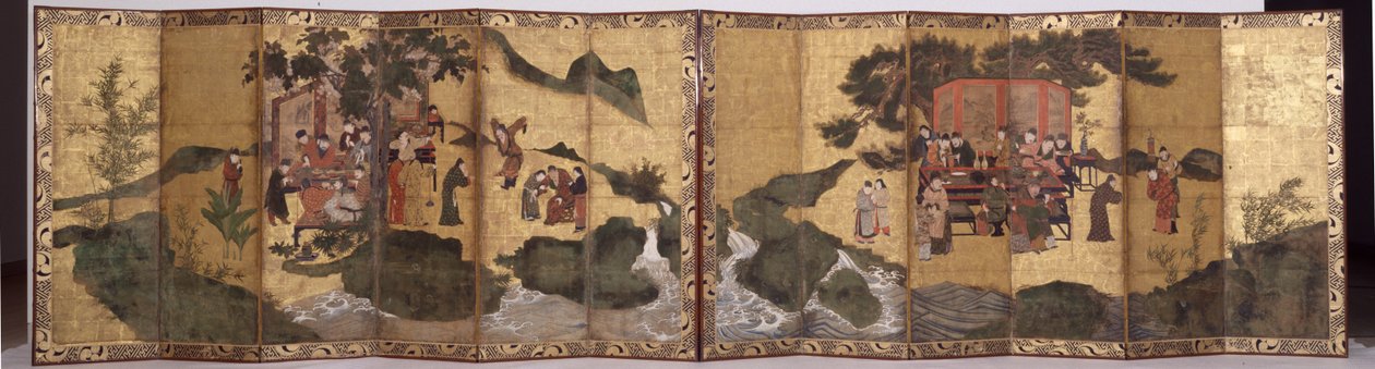 The Eight Immortals of the Wine Cup, ok. 1600 (atrament, pigment na złocie, para sześciokrotnych ekranów) autorstwa Period Momoyama