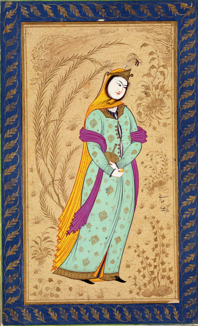 Dziewczyna trzymająca naczynie na wino i gruszkę, z Wielkiego Albumu Clive, ok. 1630-35 autorstwa Persian School