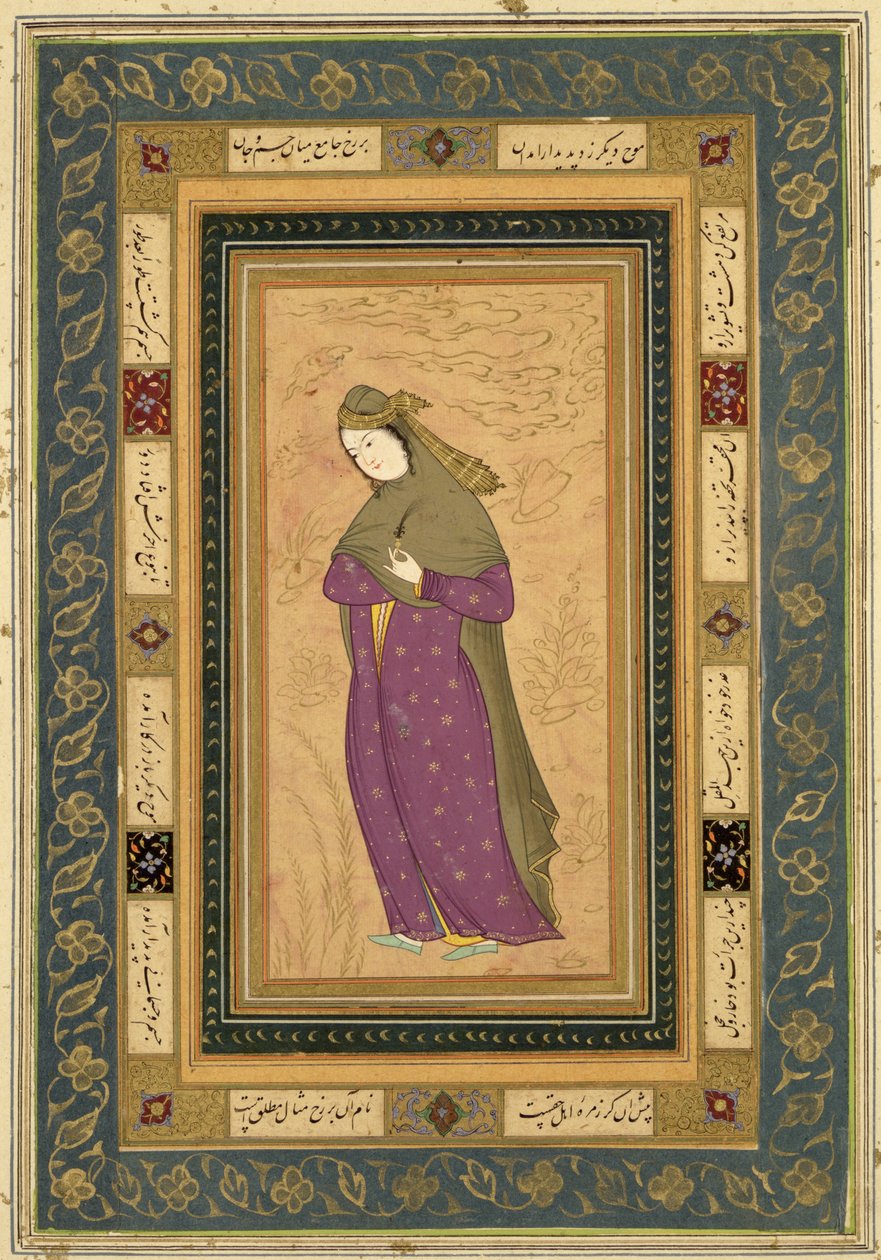Dziewczyna trzymająca aigrette, z Large Clive Album, ok. 1620-30 autorstwa Persian School