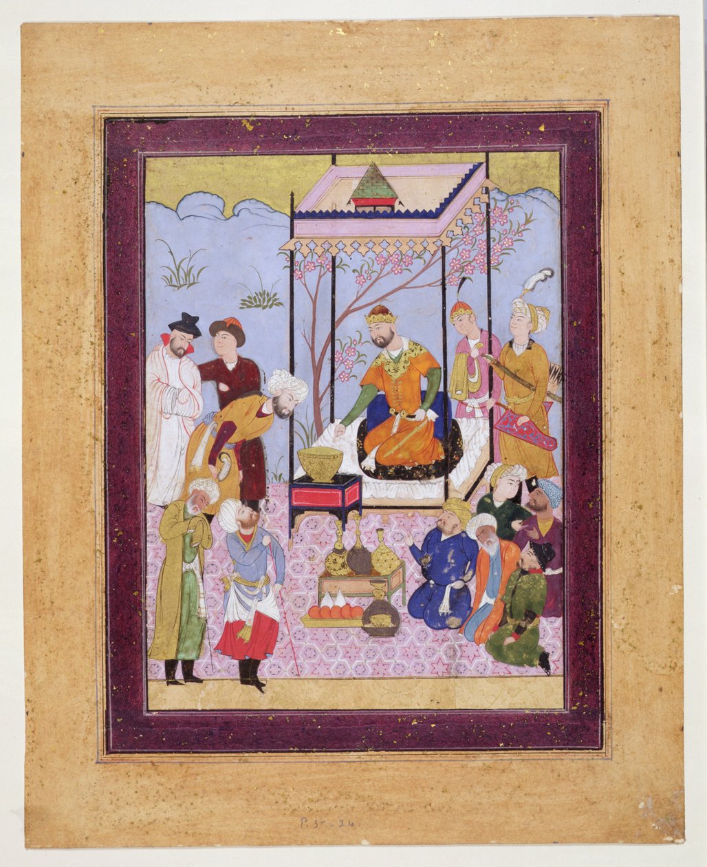 Khamsa z Nizami w pawilonie wśród zwolenników i służących, ok. 1590 (wc, kolor nadwozia i złocenie na karcie) autorstwa Persian School