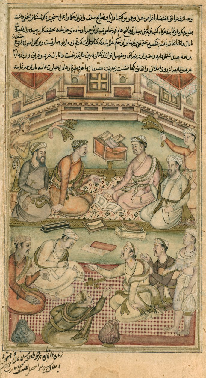 Lewis M18 Hinduscy i muzułmańscy uczeni tłumaczą Mahabharatę z sanskrytu na perski, z „Raznamy”, 1598-99 autorstwa Persian School