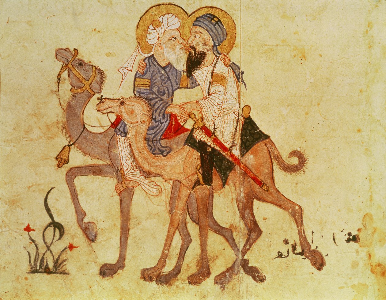 Pani Ar 3929 f. 122, Pożegnania Abu-Zayda i Al-Haritha przed powrotem do Mekki, z „Al Maqamat” (Spotkania) Al-Haririego, ok. 1240 (gwasz na welinie) autorstwa Persian School