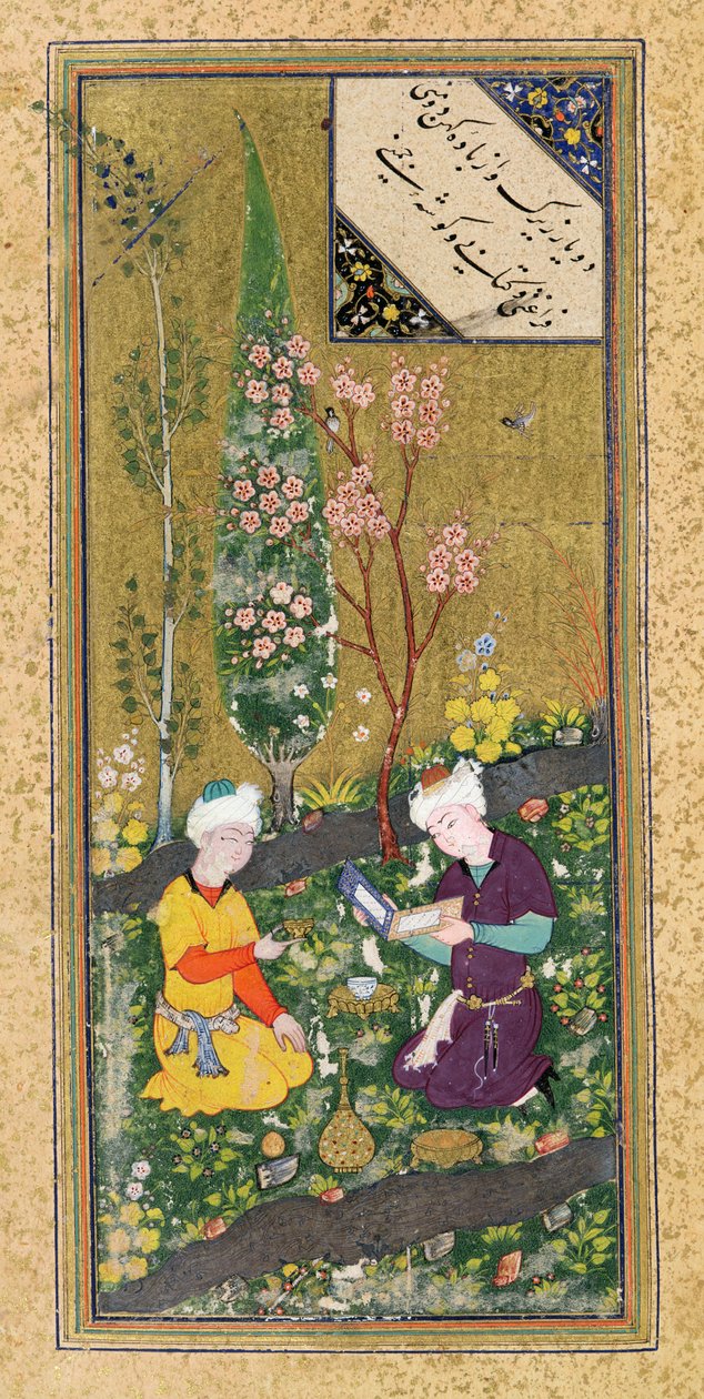Pani C-860 fol.9a Dwie postacie czytające i odpoczywające w sadzie, c.1540-50 autorstwa Persian School