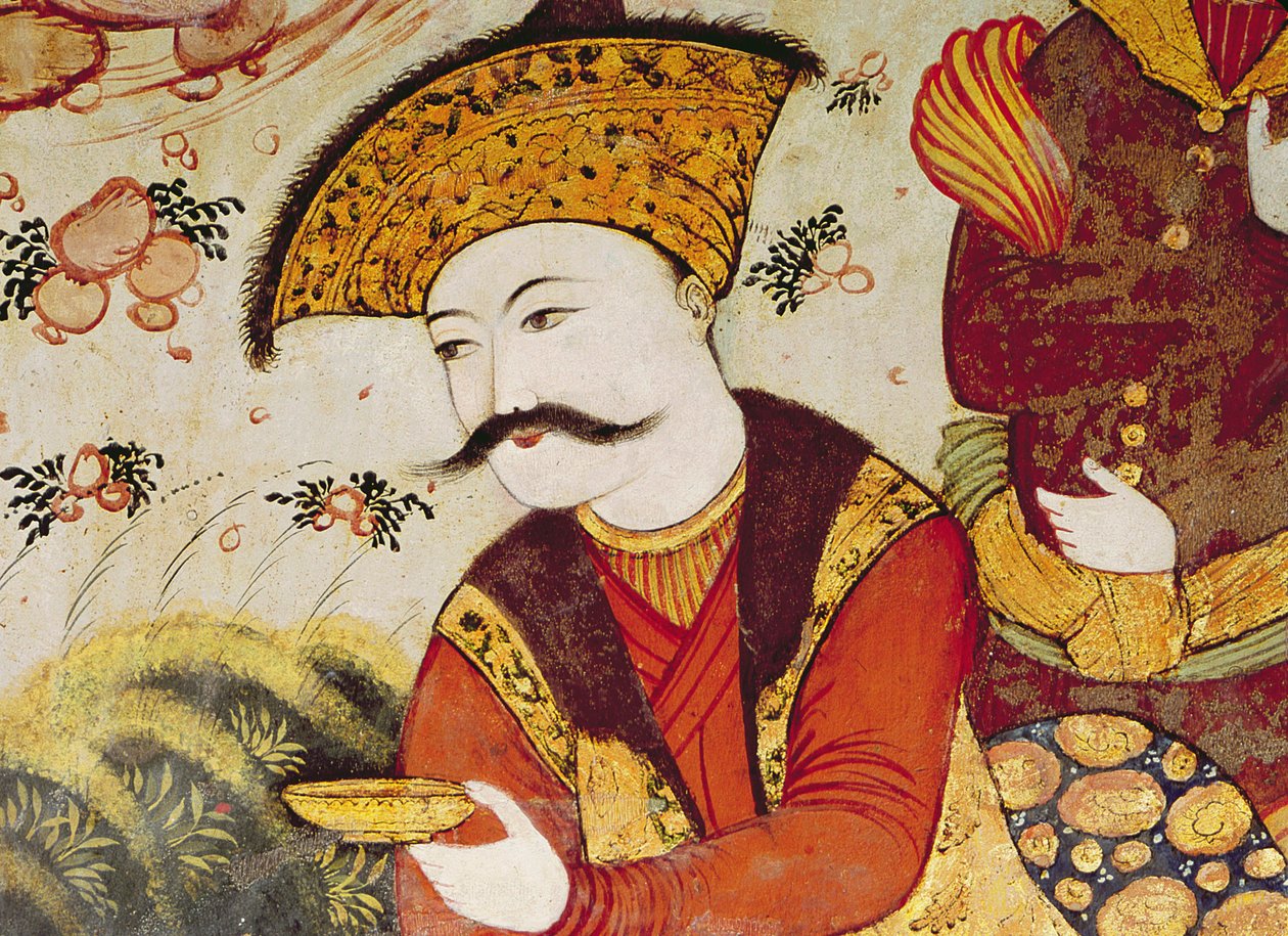 Szach Abbas I (1588-1629) i dworzanin ofiarowujący owoce i napoje (szczegół z 155563 przedstawiający głowę szacha) autorstwa Persian School