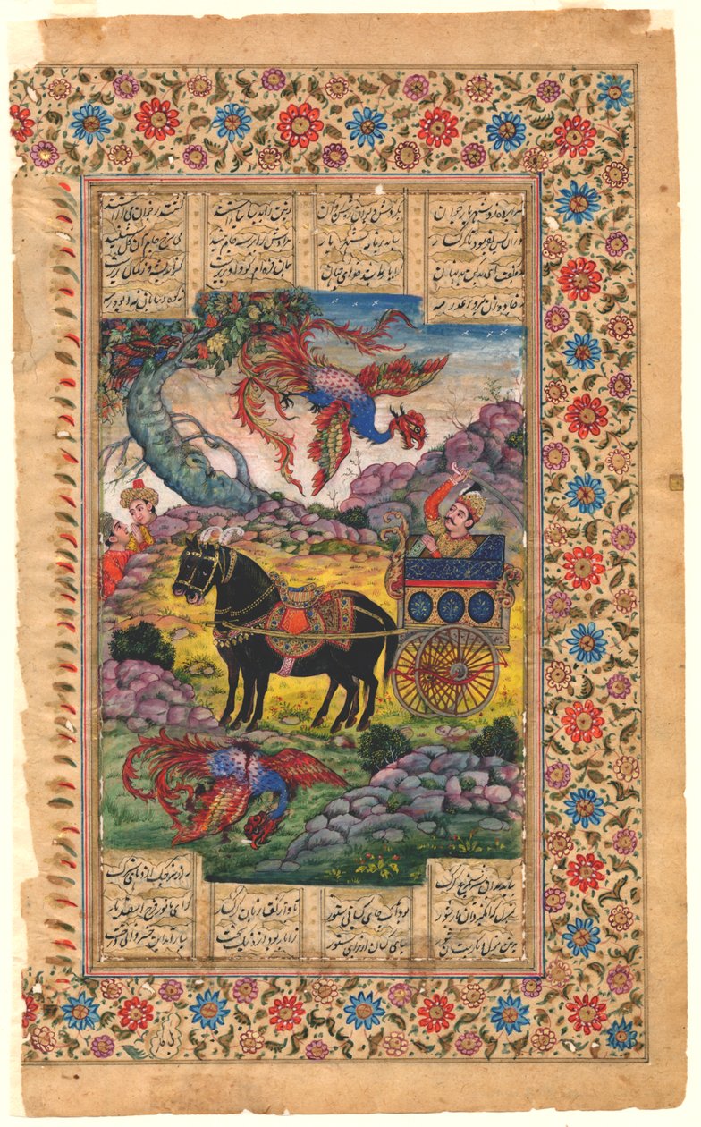 Shahnama: Isfandiyar w swoim opancerzonym samochodzie spotyka Simurgha, 1600-1625 (tempera) autorstwa Persian School