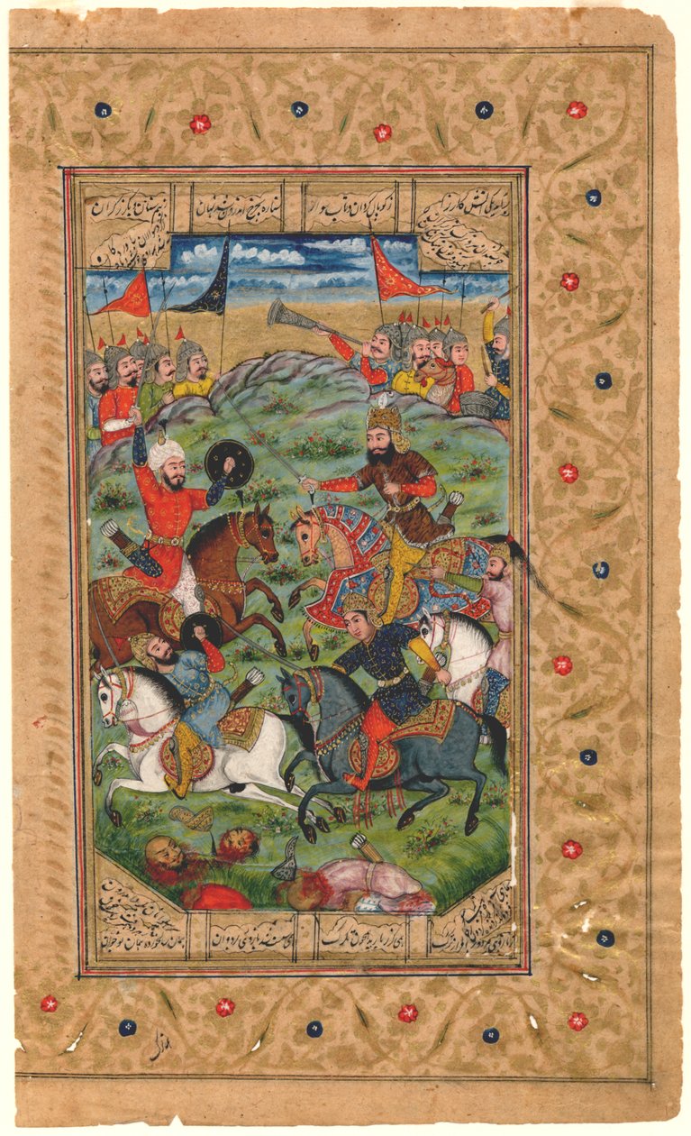 Shahnama: Rustam i Isfandiyar rozpoczynają walkę, 1600-1625 (tempera) autorstwa Persian School