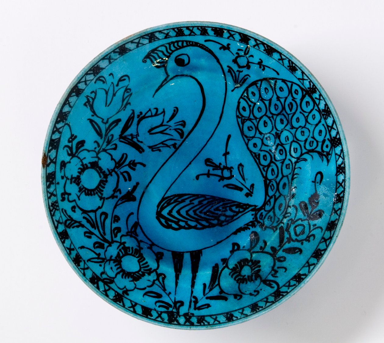 Perskie naczynie ceramiczne z XIX wieku przedstawiające pawia na turkusowym tle autorstwa Persian School