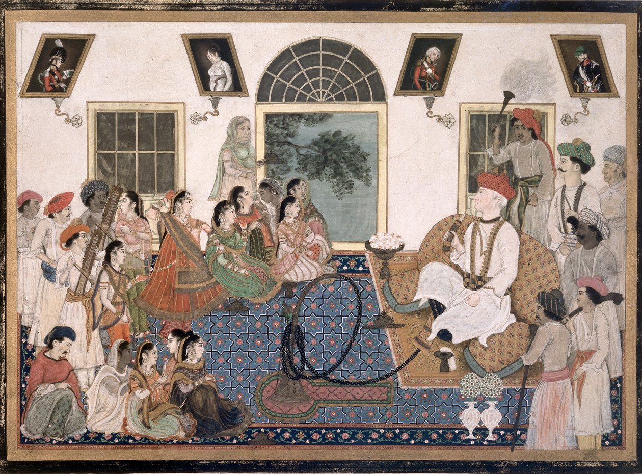 Europejczyk, prawdopodobnie Sir David Ochterlony (1758-1825), w indyjskim stroju, palący fajkę wodną i oglądający nauta w swoim domu w Delhi, ok. 1820 r. (tusz i kolor na papierze) autorstwa Persian School