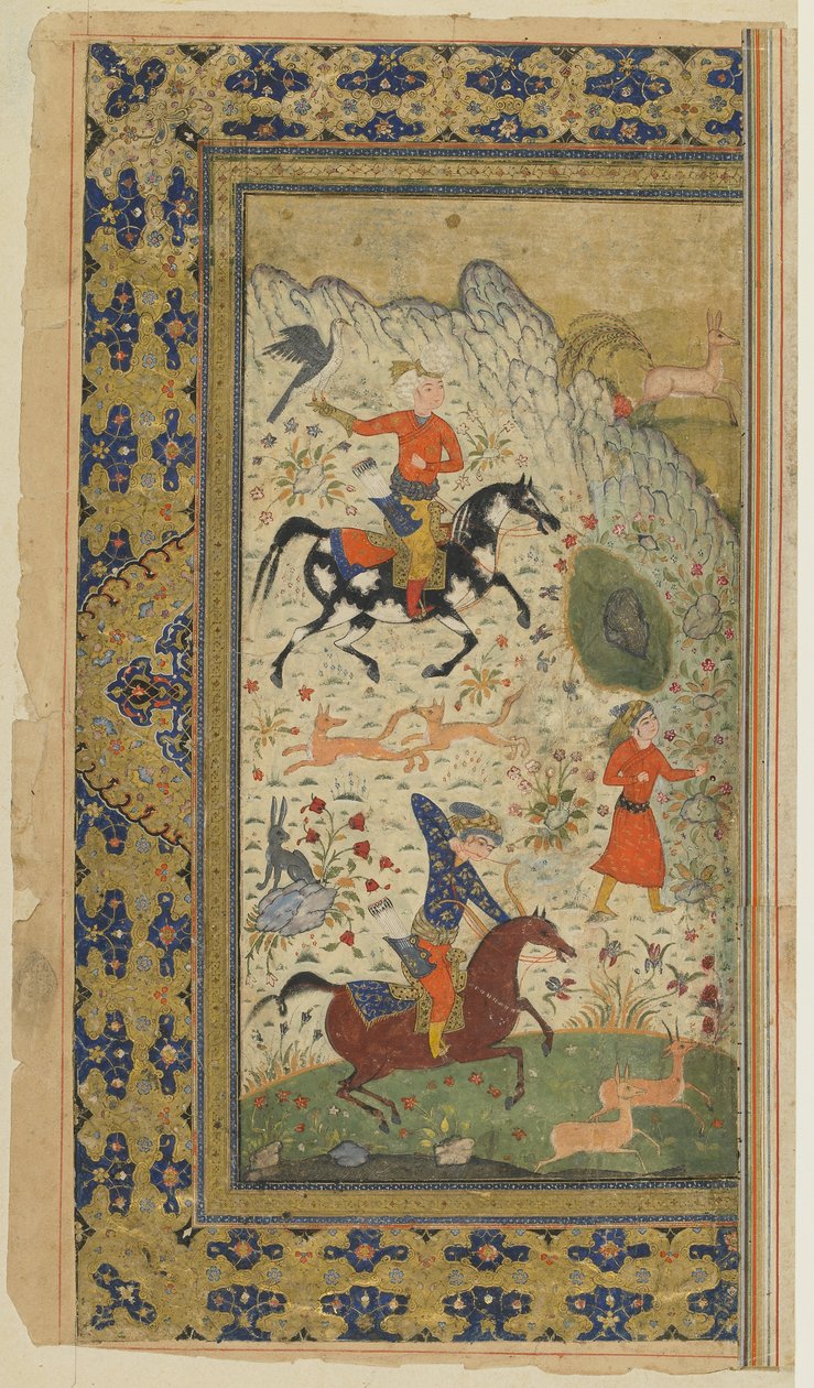 Królewskie polowanie z Shahnama (Księga królów) Firdawsiego, ok. 1590-1600 (atrament, nieprzezroczysta akwarela i złoto na papierze) autorstwa Persian School