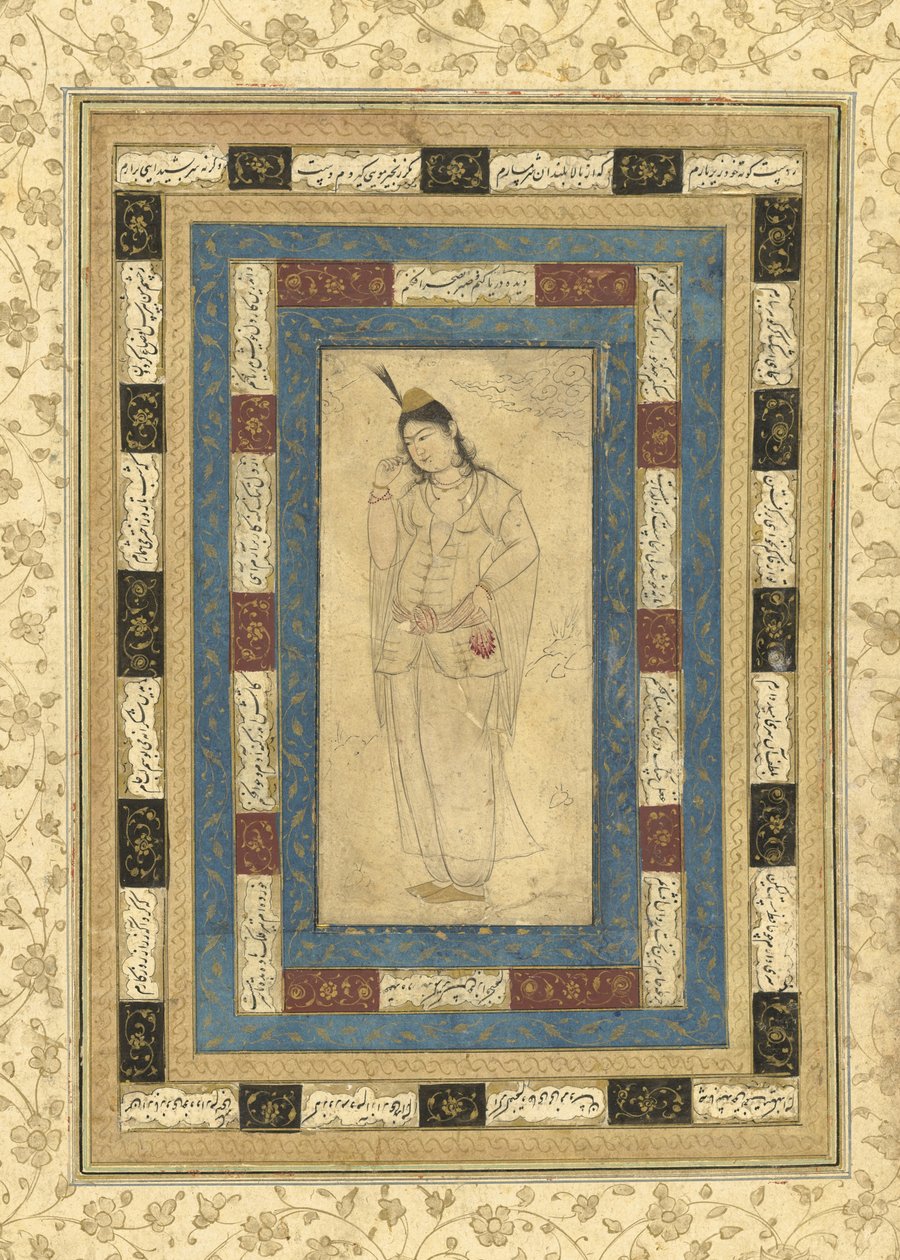 Stojąca dama, Isfahan, ok. 1620-25 (atrament, nieprzezroczysta toaleta i złoto na papierze) autorstwa Persian School
