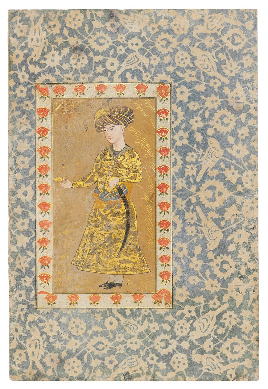A Youth Holding a Wine Cup, Safavid Isfahan (nieprzezroczyste pigmenty wzmocnione złotem na papierze) autorstwa Persian School