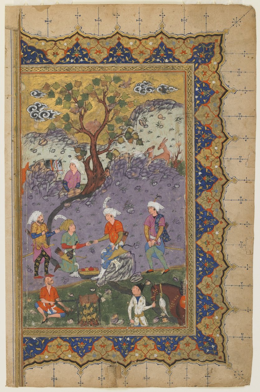 Książę siedzący w krajobrazie ze sługami, ok. 1600 autorstwa Persian School