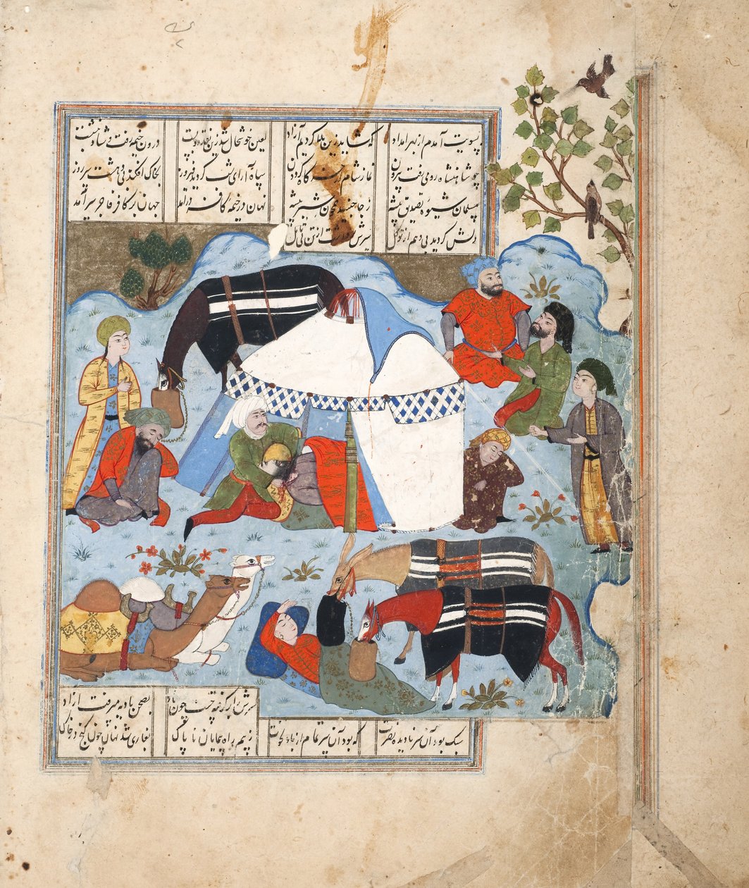 Śpiący mężczyzna zostaje ścięty w swoim namiocie, ok. 1560 r. (Nieprzezroczysta akwarela na papierze) autorstwa Persian School