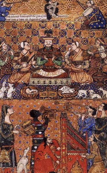 Dodaj 27696 f.13 Władca na tronie ze sługami i muzykami, napisany w Genui, koniec XIV wieku autorstwa Persian School