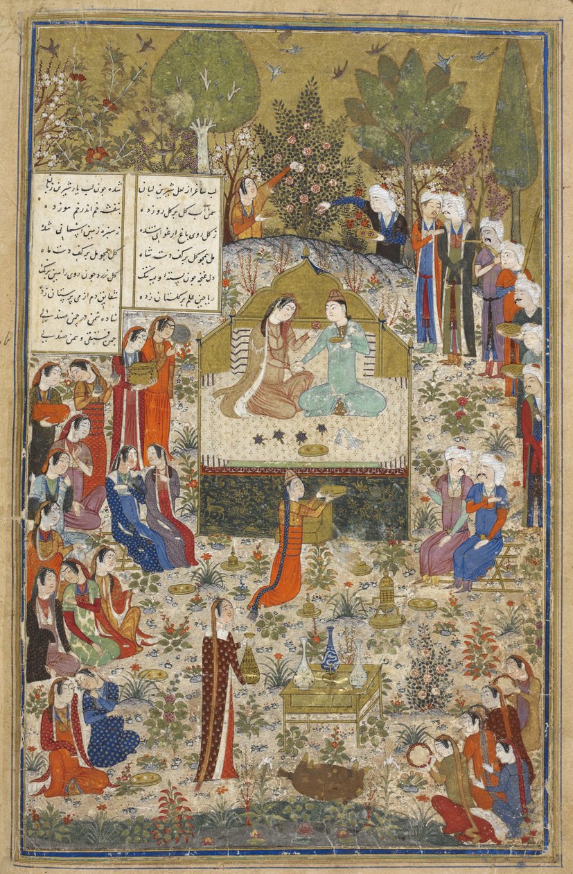 Dodaj Ms 18113 f.406 Humaj i Humajun, kochankowie otoczeni przez opiekunów, z „Trzech wierszy” Kirmani, Bagdad autorstwa Persian School