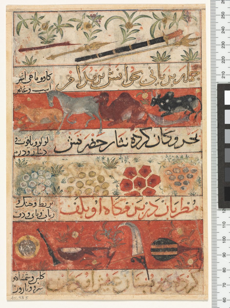 Zwierzęta, kamienie szlachetne, monety i instrumenty muzyczne, okres Ilchanidów, 1341 autorstwa Persian School
