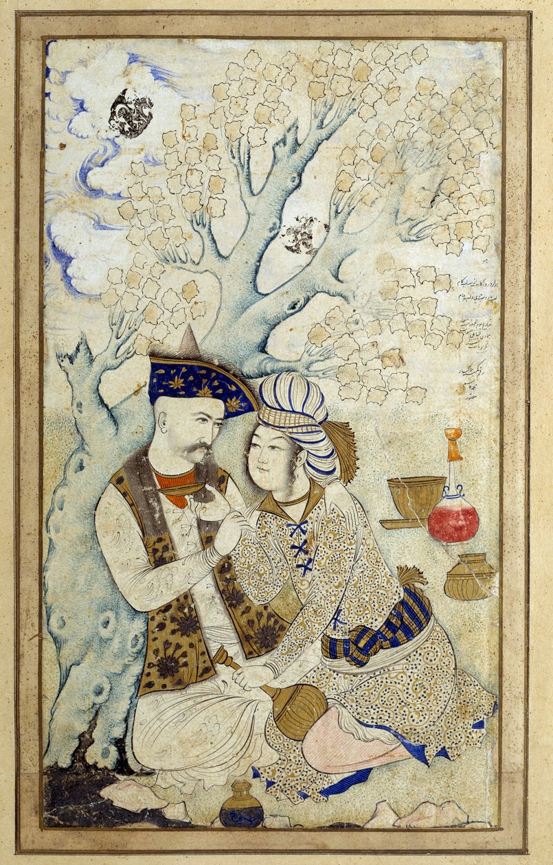 Art Islam: Portret Szacha Abbasa Obejmujem jedną z jego stron. Rysunek perski z 1672 r. Wymiary: 0,16 x 0,27m. Paryż, Musee du Louvre autorstwa Persian School
