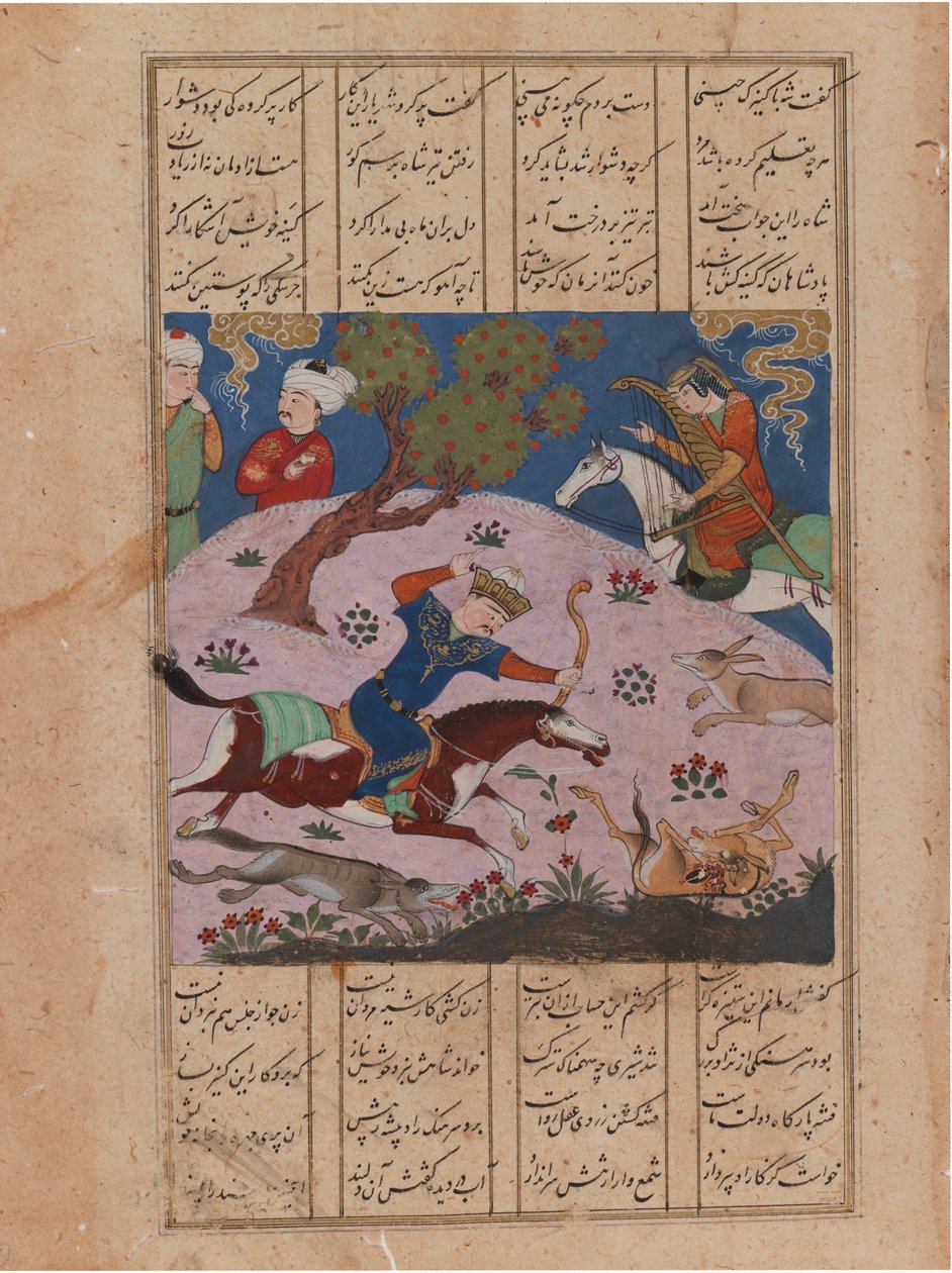 Polowanie na Baahram Gur, folio z Nizami Khamseh (atrament i nieprzezroczysta toaleta na papierze) autorstwa Persian School