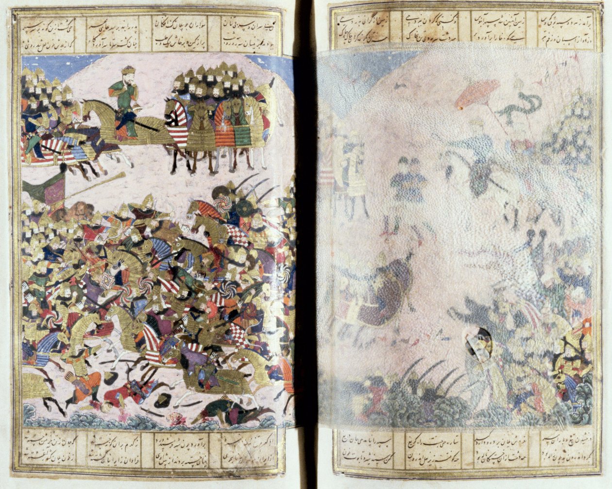 Bitwa między Isfandiyar i Arjasp, ilustracja z Shahnama (Księgi Królów), autorstwa Abul-Qasima Manura Firdawsiego (ok.934-c.1020) ok.1440-45 (pióro, atrament i toaleta na welinie) autorstwa Persian School