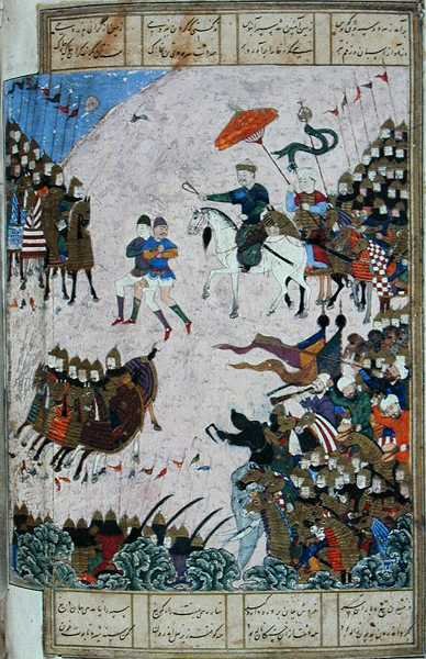 Bitwa między Isfandiyar i Arjasp, ilustracja z „Shahnama” (Księga Królów), autorstwa Abu
