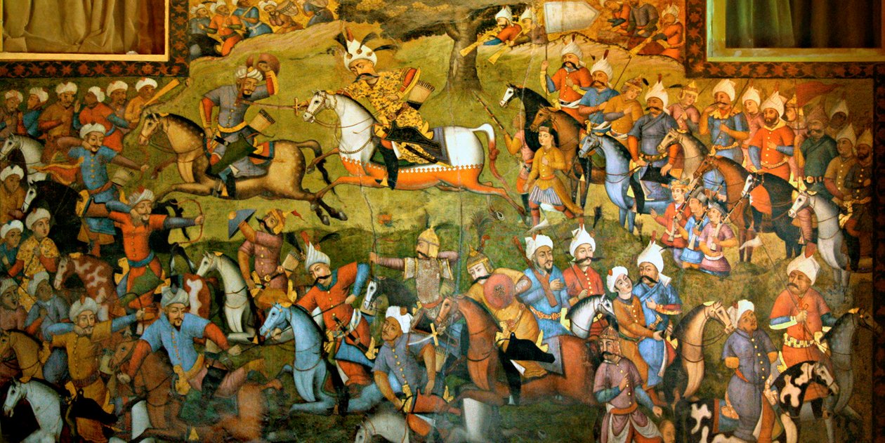 Bitwa pod Taher-Abad lub bitwa pod Merv ze zwycięstwem Szacha Ismaila I nad Muhammadem Shaybani Chanem, sala recepcyjna, Chehel Sotun, 1647 autorstwa Persian School