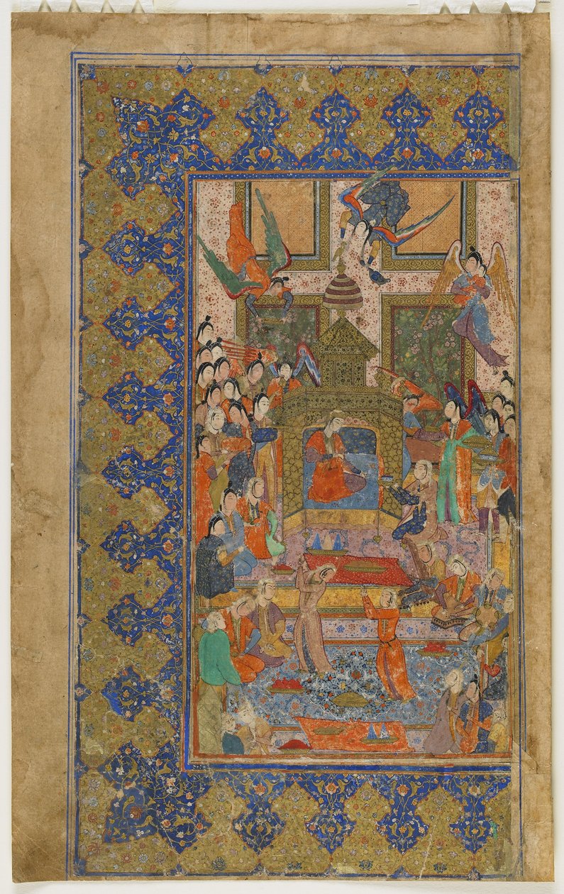 Bilqis na tronie z Khamsa (Quintet), ok. 1560 (nieprzezroczysta akwarela, atrament i złoto na papierze) autorstwa Persian School