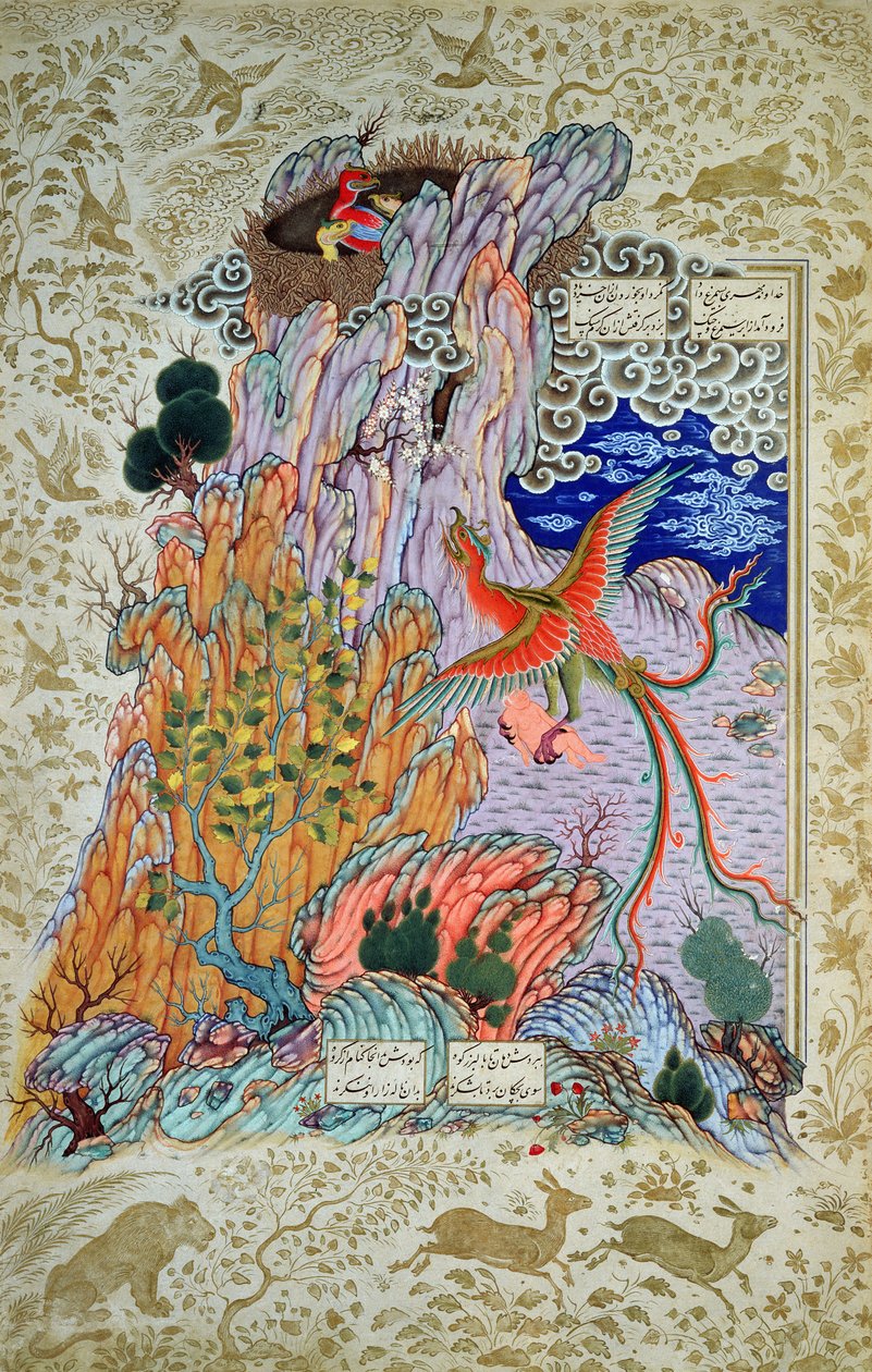 CBL Per 277.12 Zal ratowany przez mitycznego Simurgha, z kopii Szahnamy, koniec XVI wieku (gwasz i wc na papierze) autorstwa Persian School