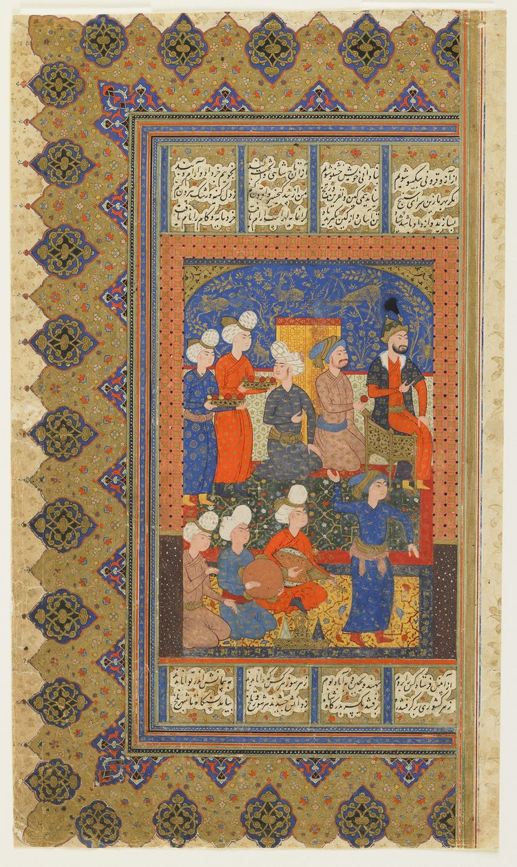 Dworzanie z Luhrasp na tronie z Szahnamy (Księgi królów) Firdawsiego, ok. 1590-1600 (atrament, nieprzezroczysta akwarela i złoto na papierze) autorstwa Persian School