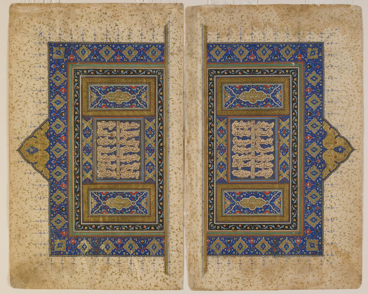 Dwustronicowy frontispis z Khamsy (kwintetu) Amira Khusraw Dihlavi, Tabriz, Iran, okres Safavid, 1530-40 (nieprzezroczysta akwarela, tusz i złoto na papierze) autorstwa Persian School