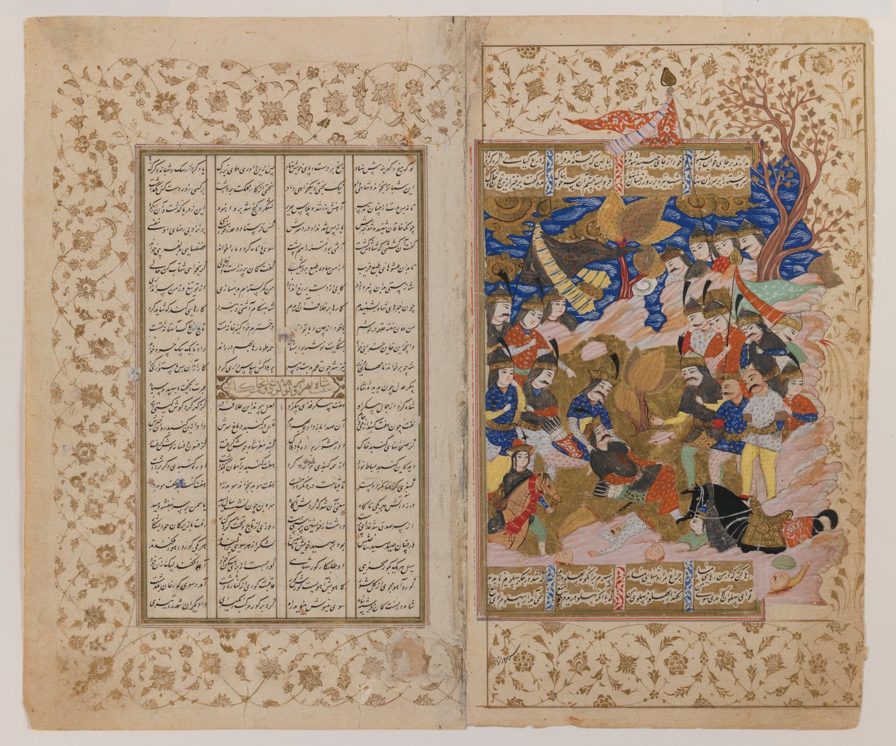 Podwójna strona z ilustracją z rękopisu Shahnamah, koniec XVII wieku (atrament, gwasz i złoto na pergaminie) autorstwa Persian School
