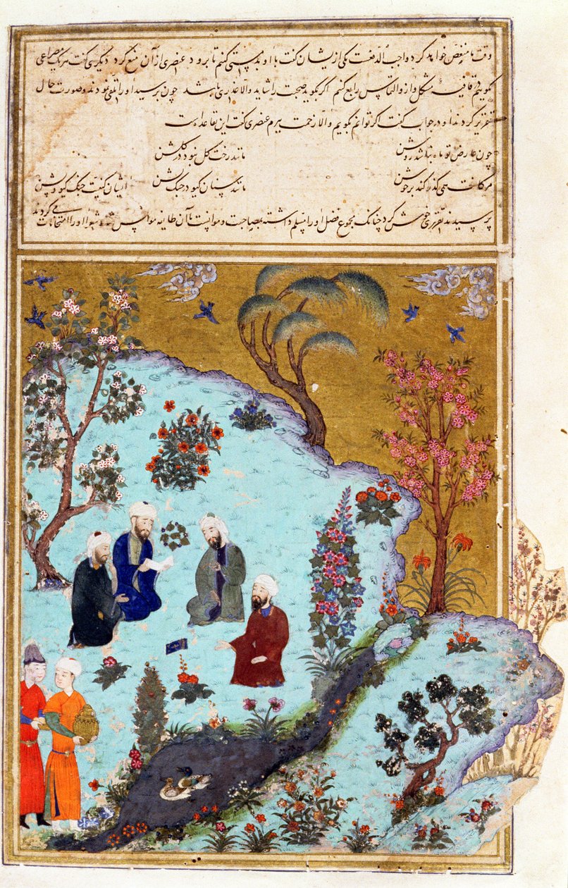 Firdawsi i trzej nadworni poeci z Ghazna, ilustracja z Shahnama (Księgi Królów), autorstwa Abul-Qasima Manura Firdawsi (ok.934-c.1020) ok.1440-45 (pióro, atrament i złoto na welinie) autorstwa Persian School