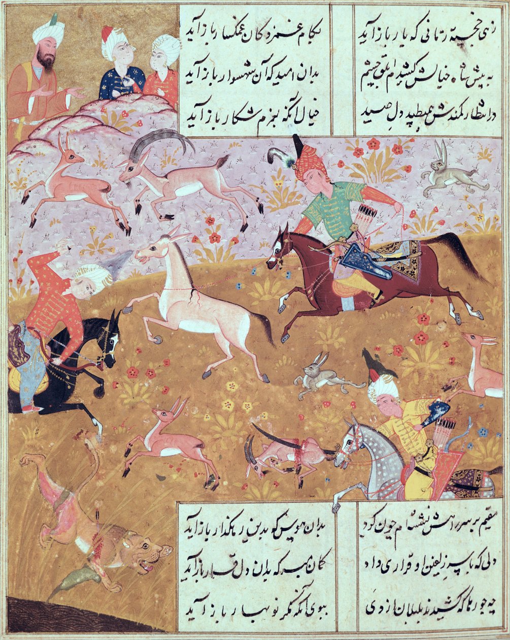 Fol.65r Królewskie łowy, z tomiku wierszy Hafiza Shiraziego (ok.1325-c.1388) (gwasz na papierze) autorstwa Persian School